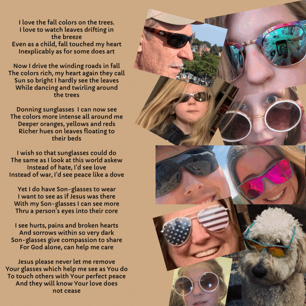 Lots of people and a puppy with sun glasses on along with a poem