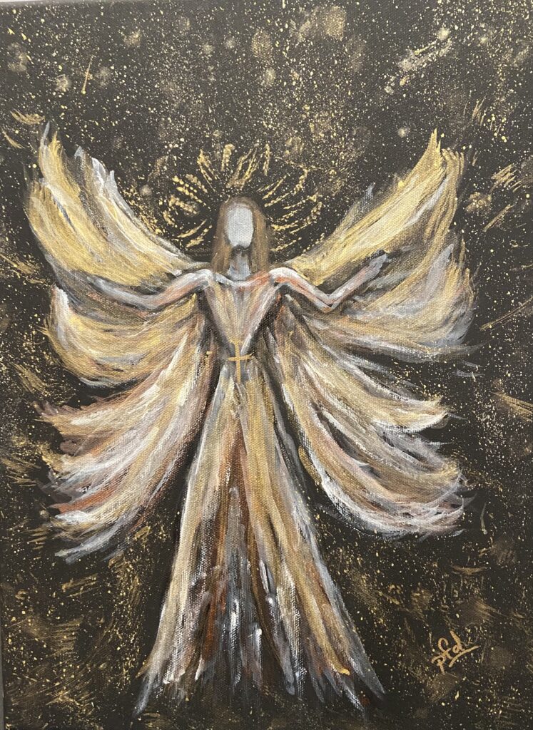 powerful angel with arms raised and on black background