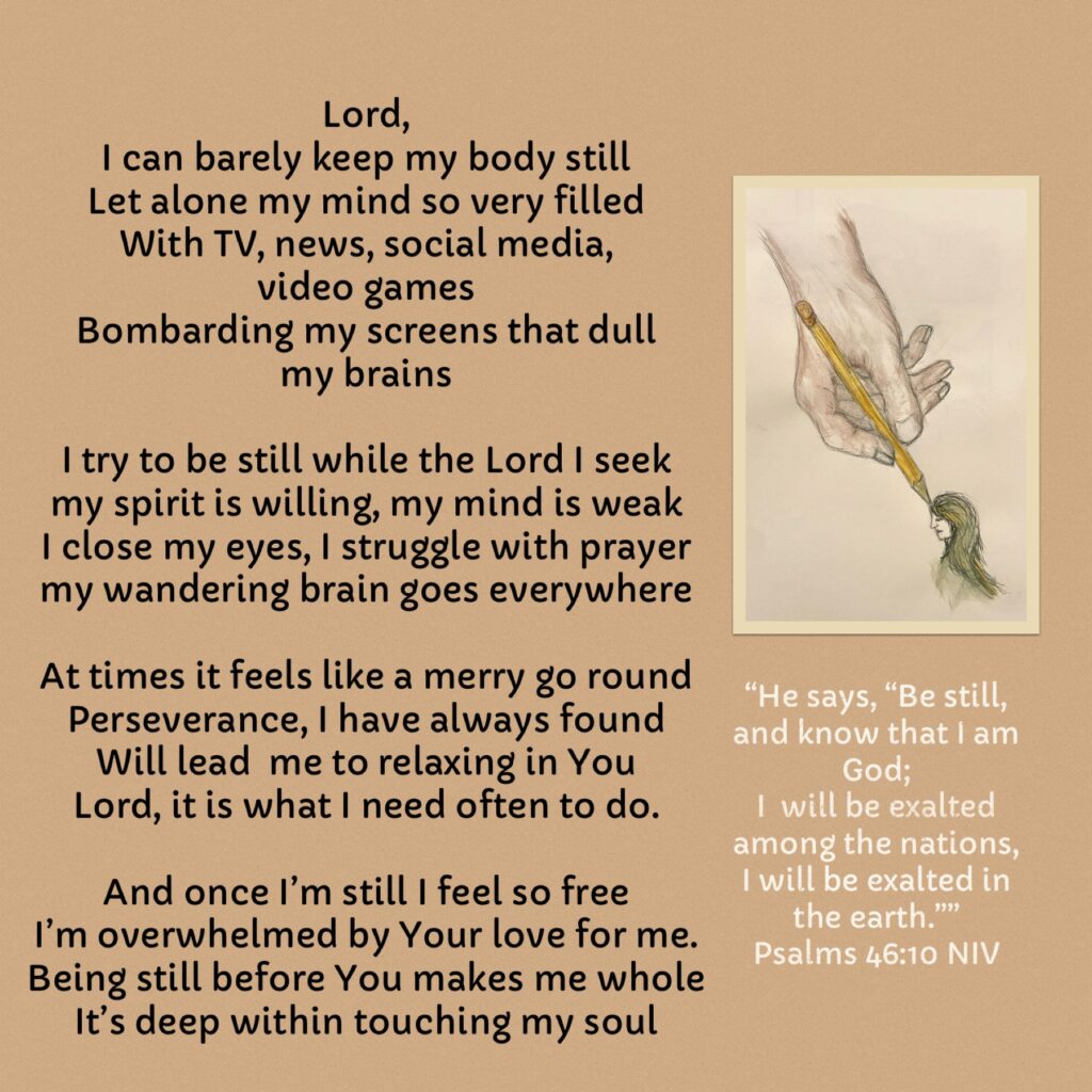Poem with picture of God's hand holding a pencil writing on a girl's head