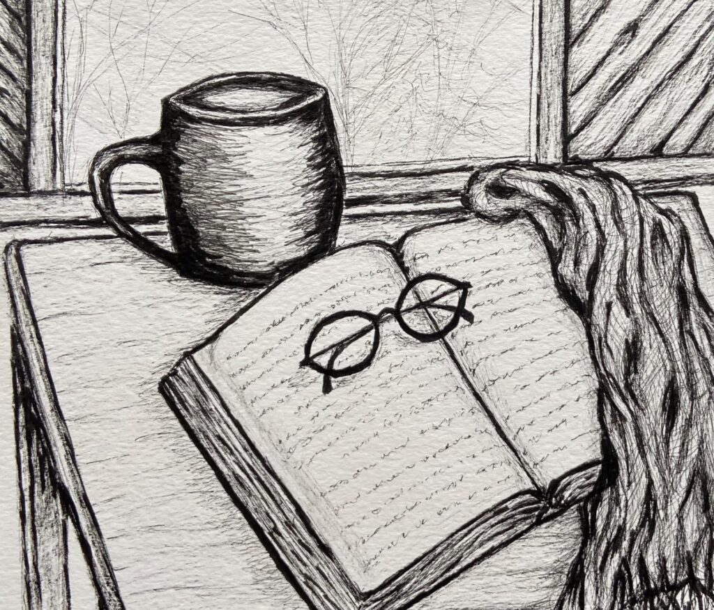 black & white sketch of open book, eye glasses on top, a throw and a mug beside