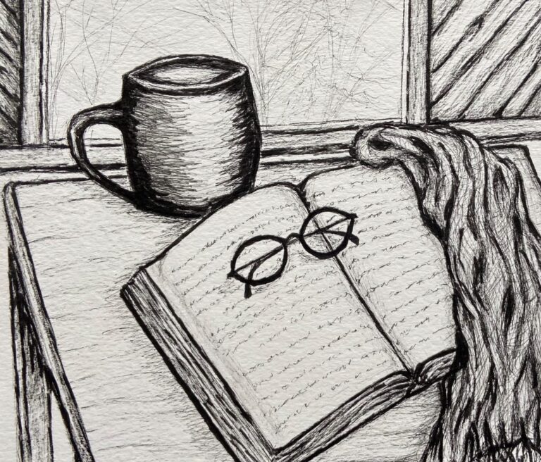 black & white sketch of open book, eye glasses on top, a throw and a mug beside