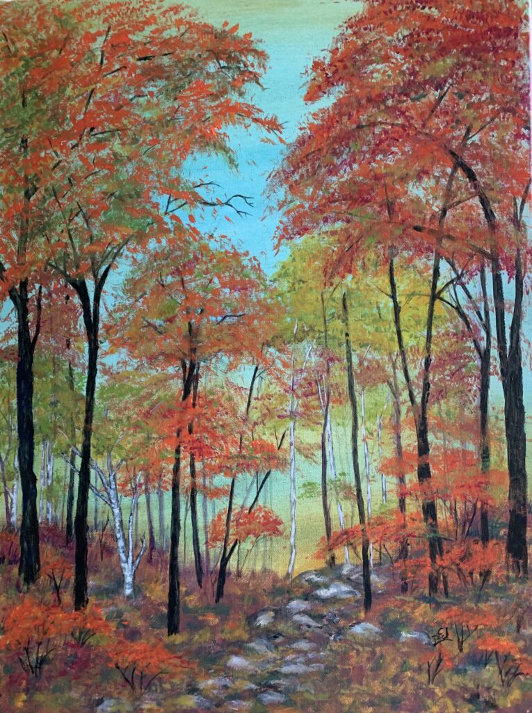 painting of a path amidst woods. Trees leaves are oranges and gold with a blues sky.
