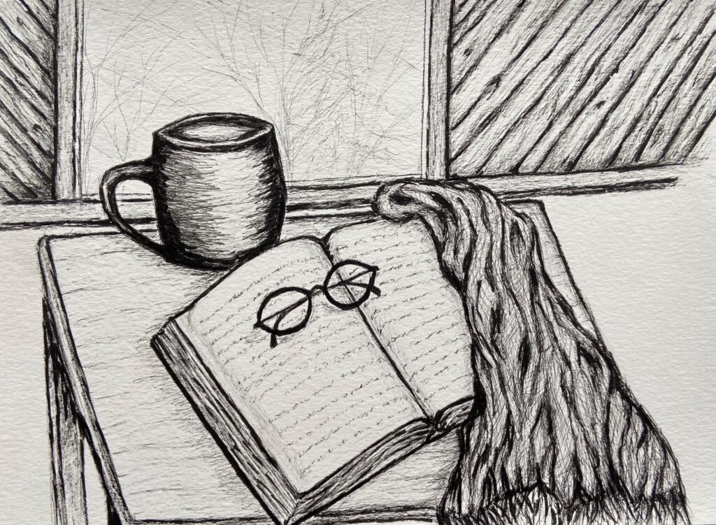black & white sketch of open book, eye glasses on top, a throw and a mug beside