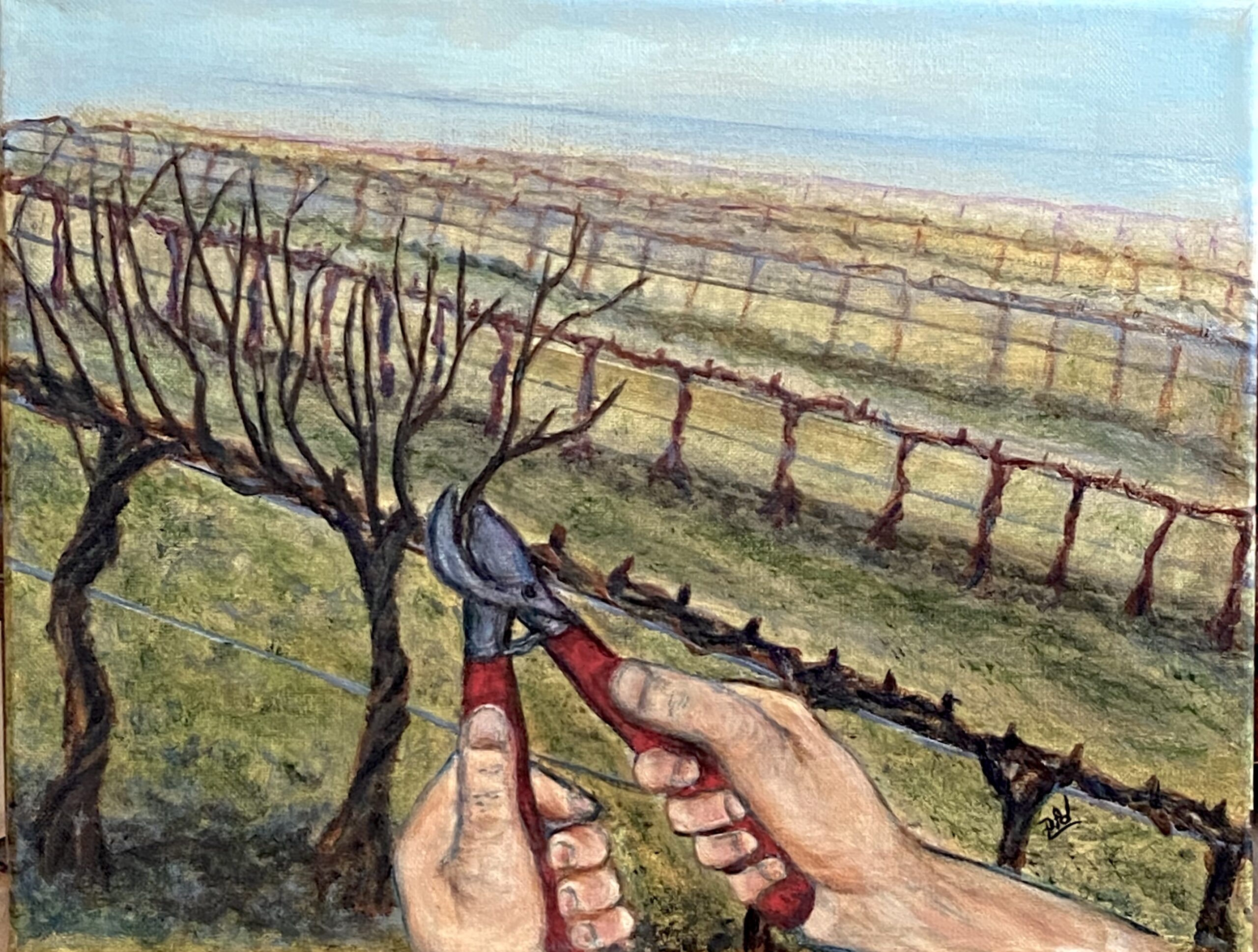 Painting of rows of grapevines with no leaves or grapes. There are two hands with pruning shears pruning the grape vines