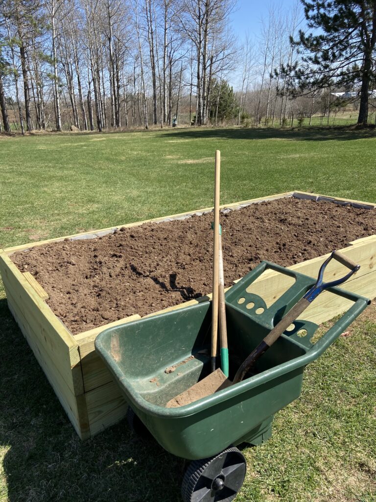 Raised garden bed with wheelbarrow and shovel