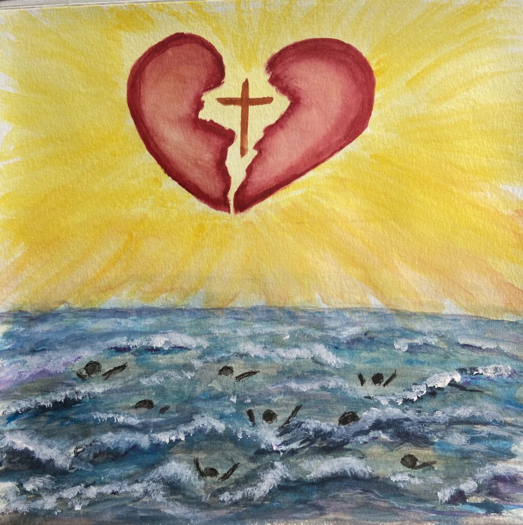 painting of an ocean with a broken heart above it. In the center of the broken heart is a cross. In the ocean are people that appear to be drowning.