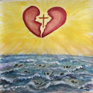 painting of an ocean with a broken heart above it. In the center of the broken heart is a cross. In the ocean are people that appear to be drowning.