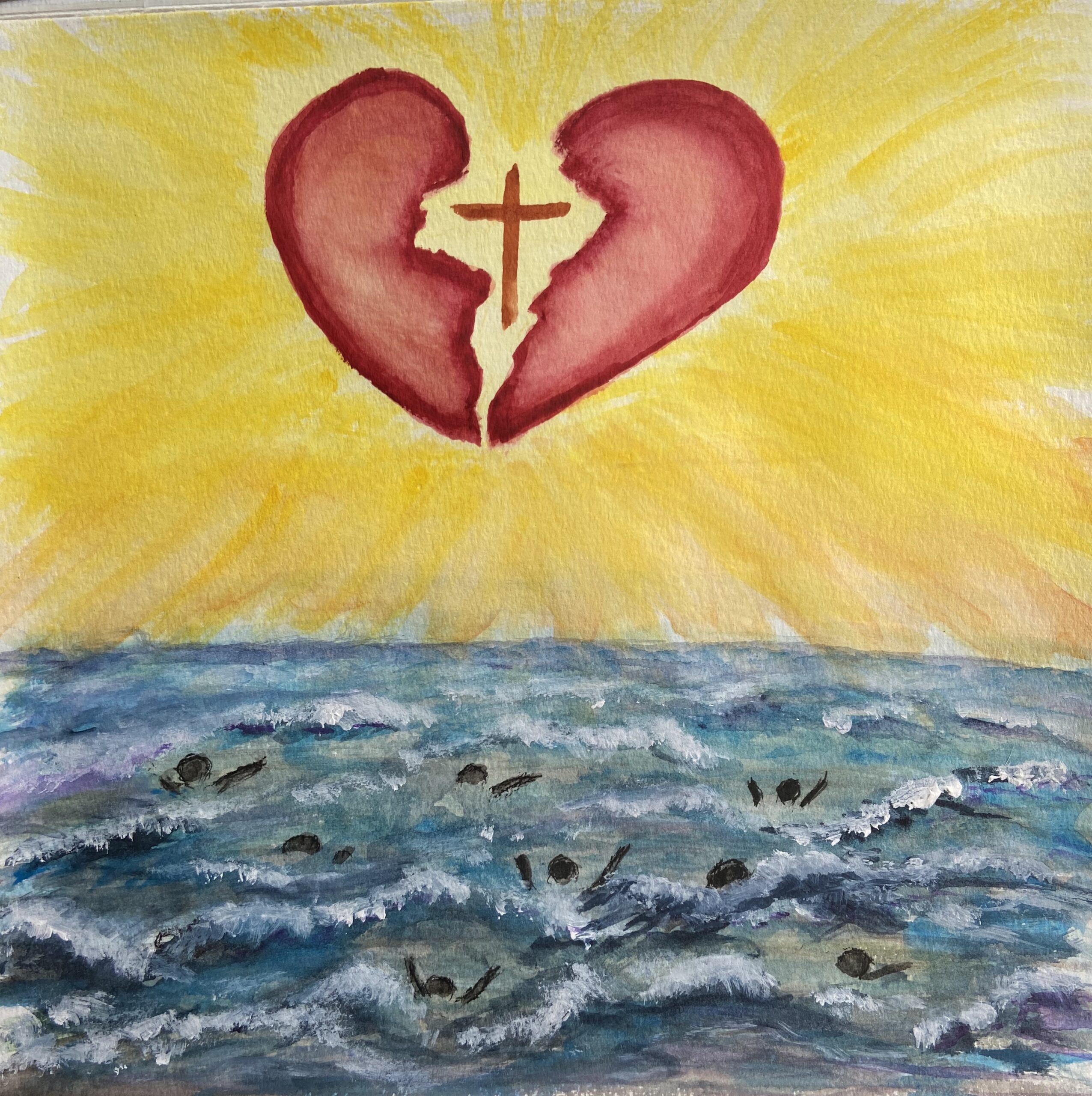 painting of an ocean with a broken heart above it. In the center of the broken heart is a cross. In the ocean are people that appear to be drowning.