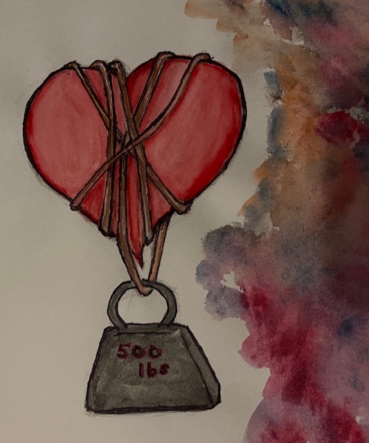 heart wrapped in ropes attached to a 500 lb weight