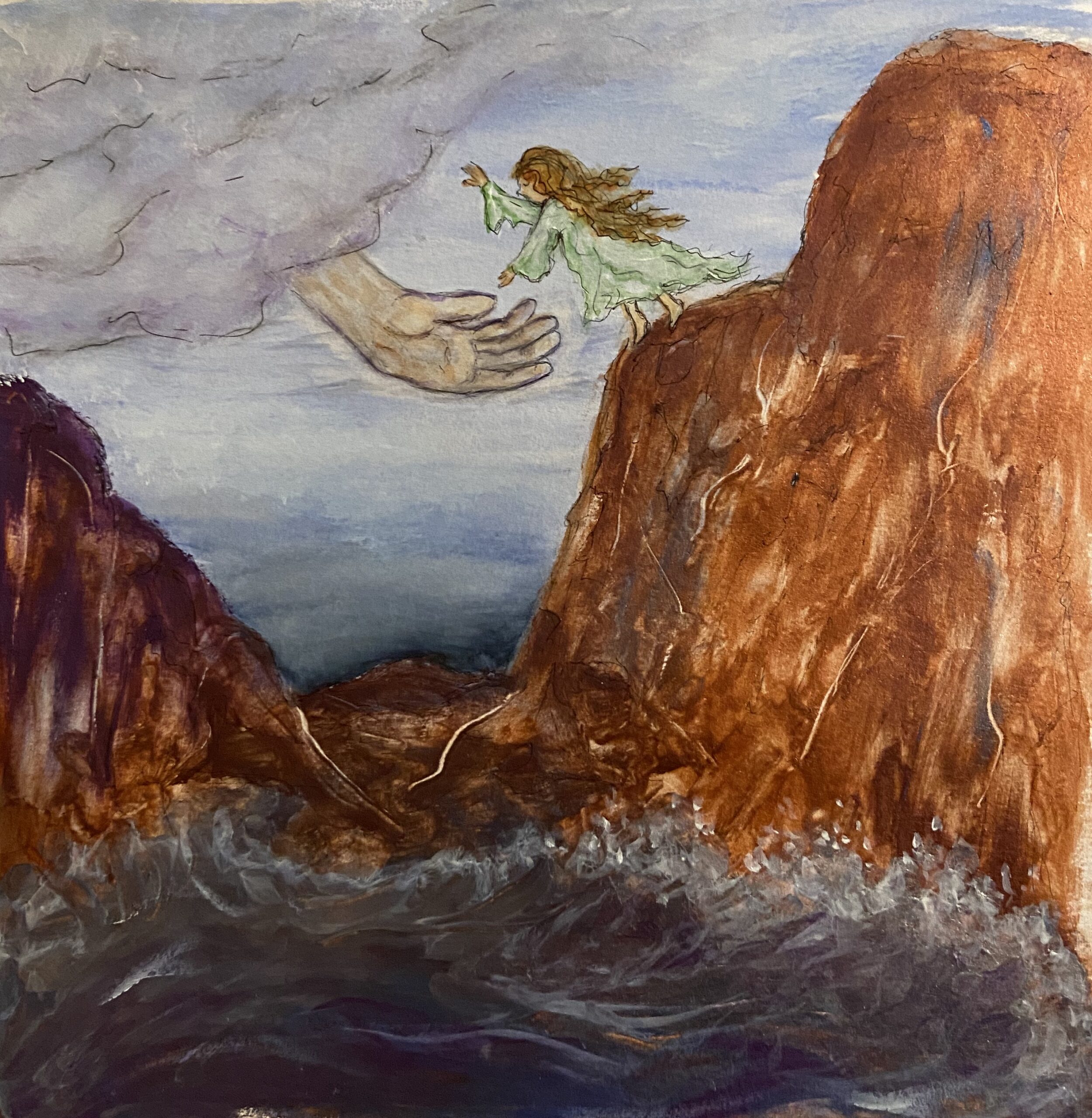 mountains with ocean below. A little girl near the top stepping off the cliff into God's hand