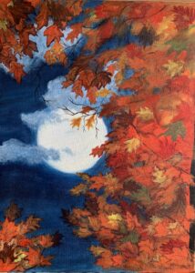 Large moon amidst trees and clouds