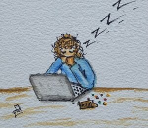 Girl sitting I front of computer sleeping.