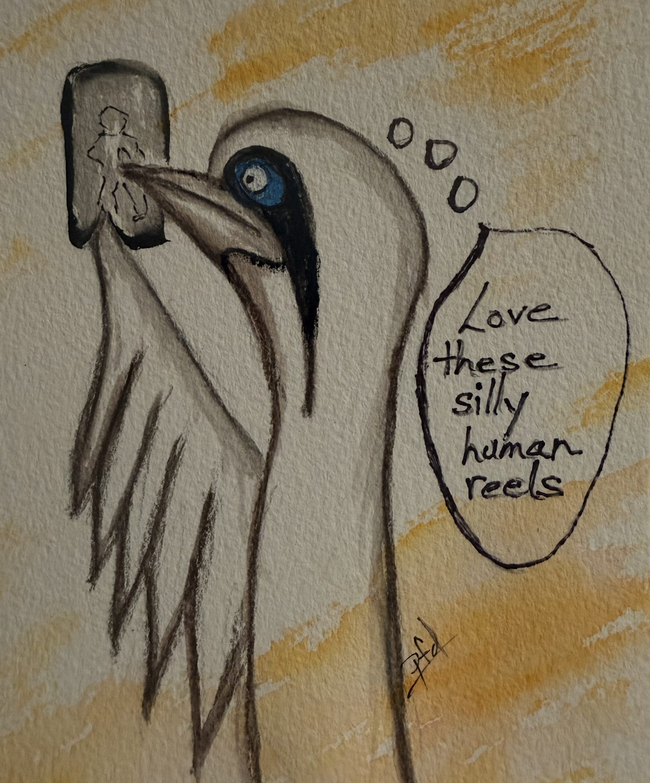 Bird with long skinny neck looking at phone thinking I love these silly human reels