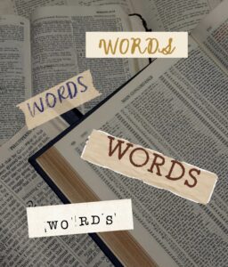 the word 'words' 4 times overlaid open books