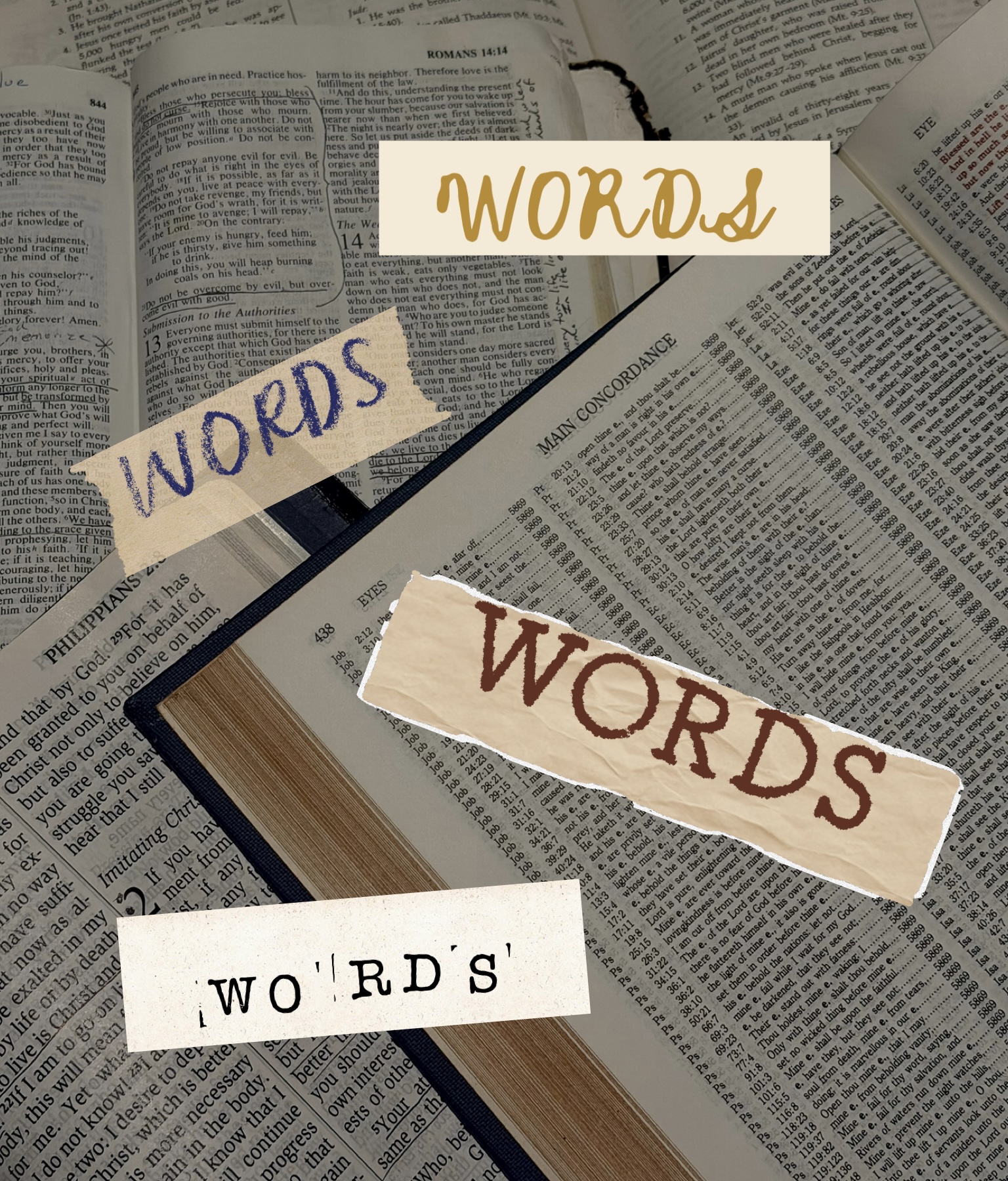 the word 'words' 4 times overlaid open books