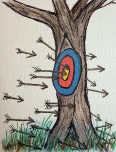 target on tree with some arrows hitting it but most missing
