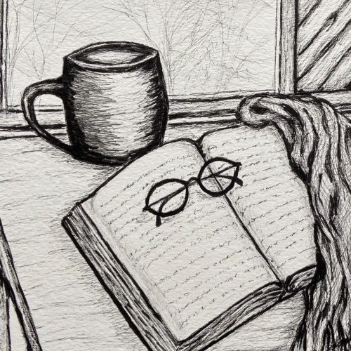 black & white sketch of open book, eye glasses on top, a throw and a mug beside